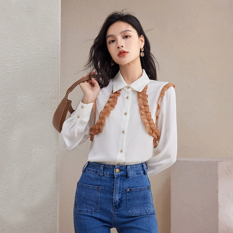 

Fashion Spliced Long Sleeve White Shirt Women Tops Spring Autumn Elegant Chic Button Edible Tree Fungus Slim Blouse Office B3011