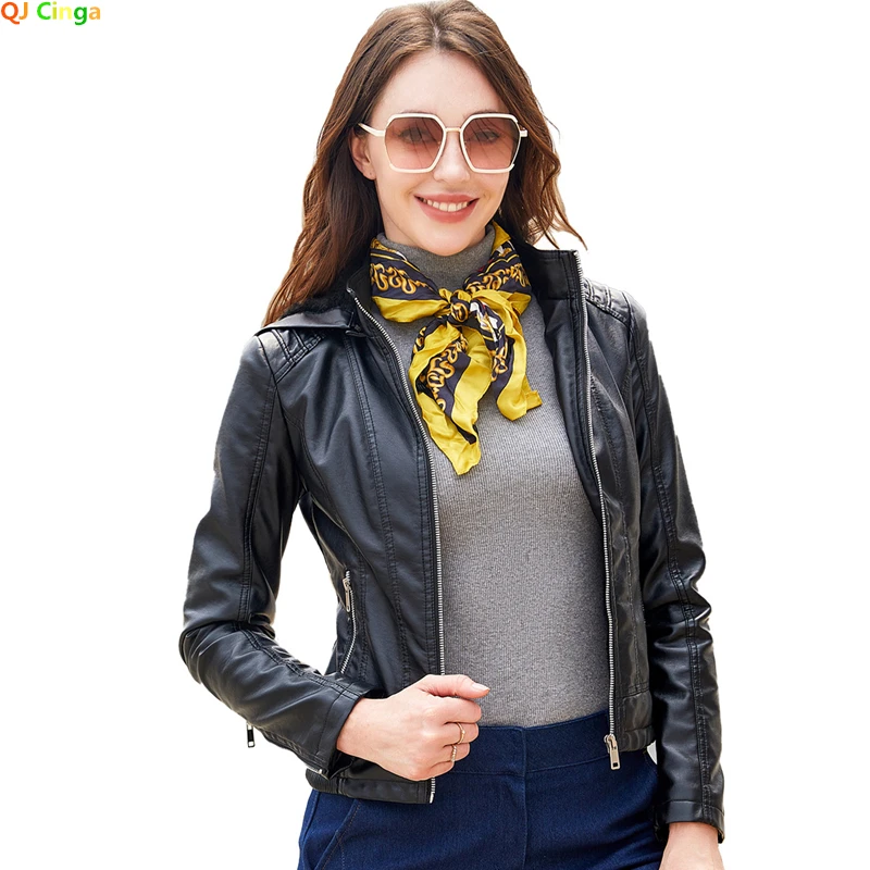 

Black Long Sleeve Hooded Leather Jacket Women's Winter Fleece Thick Coat Fashion Warm Coat of Women Brown Leisure Outerwear