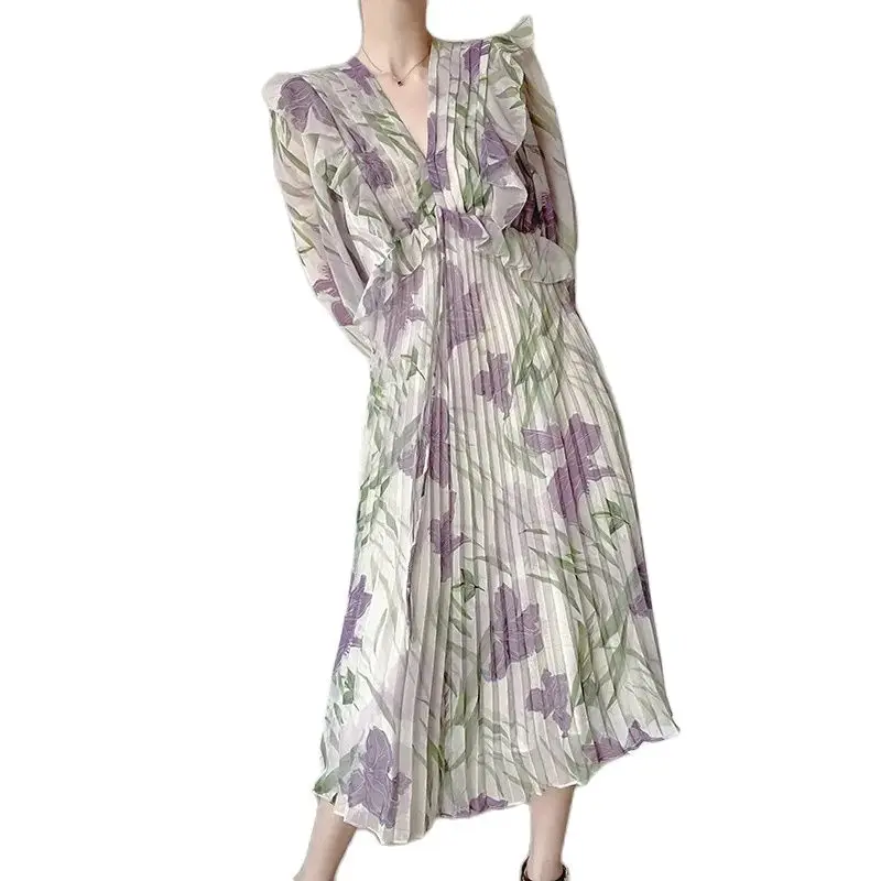 

Over Knee V-neck Chiffon Women's Long Sleeve 2023 Spring Fragmented Flower Pleated Dress