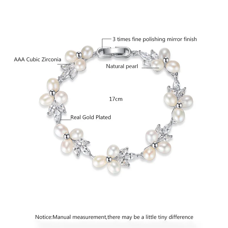 LUOTEEMI Elegant CZ Freshwater Pearl Bracelet Luxury Cubic Zirconia Women Flower Bridal Wedding Engagement Bracelets Jewellery