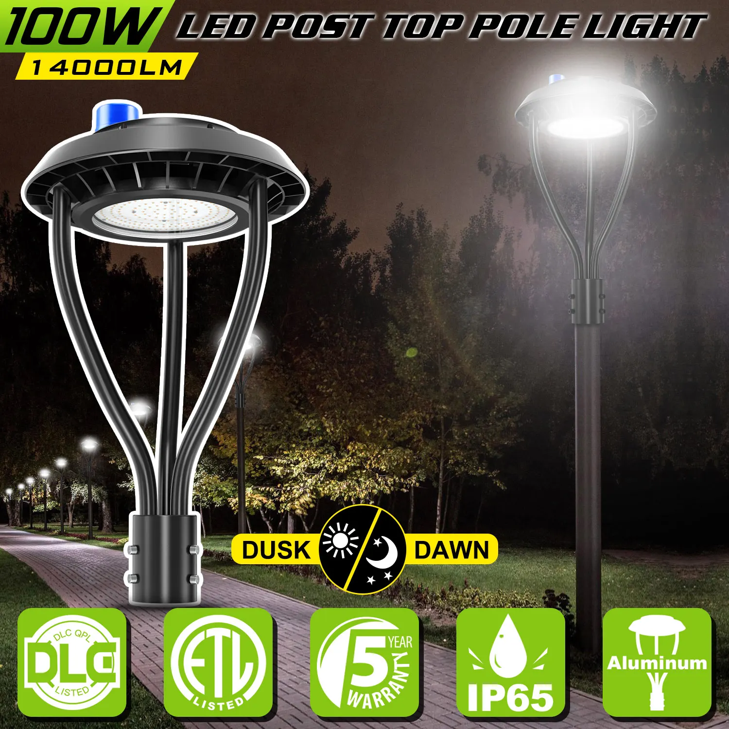 100W Outdoor Light IP65 Waterproof AC100-277V 5 Years Warranty With Photocell Garden Area Pole LED Post Top Light