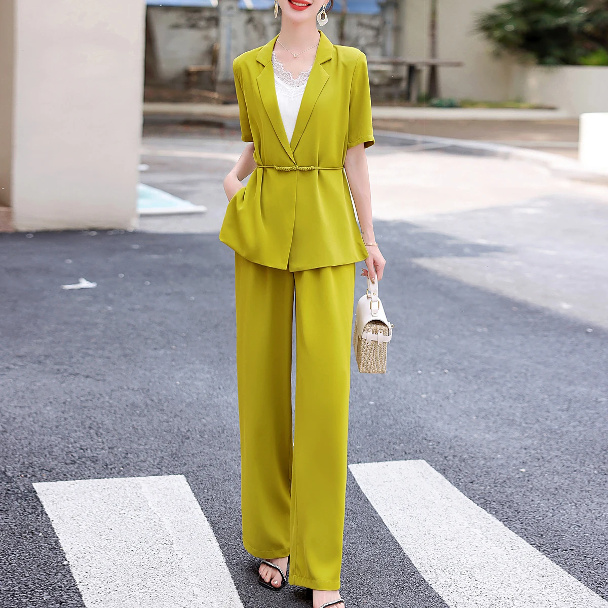 

Casual Office Lady Women's Set Short Sleeve Blazer Jackets Tops and Wide Leg Pants Suit Elegant Summer Two Piece Set Outfits