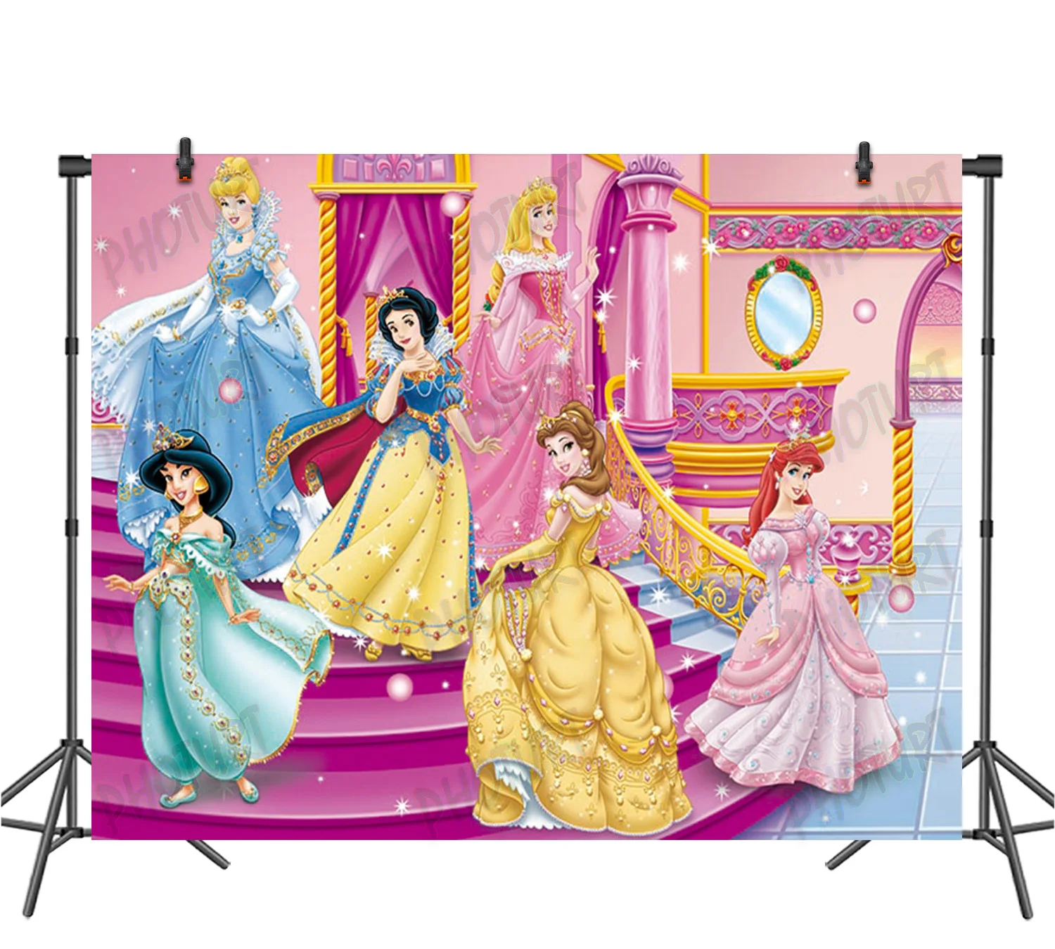 

Disney Princess Backdrop Kids Birthday Decoration Background Pink Cinderella Jasmine Vinyl Polyester Photography Decor Props