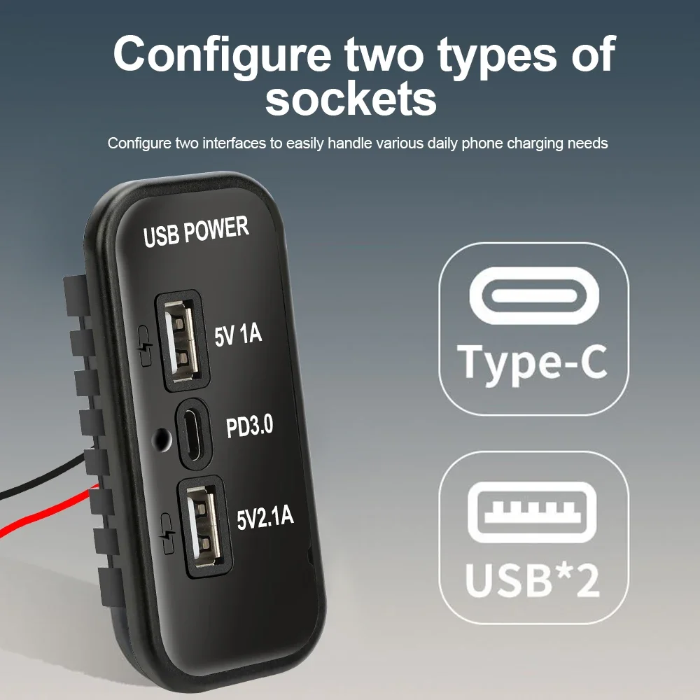 12V USB Outlet, PD3.0 Type C Port, QC3.0 & 2.4A USB A Charger 3 Ports Fast Charging Socket Panel for Car Motorcycle Marine Truck