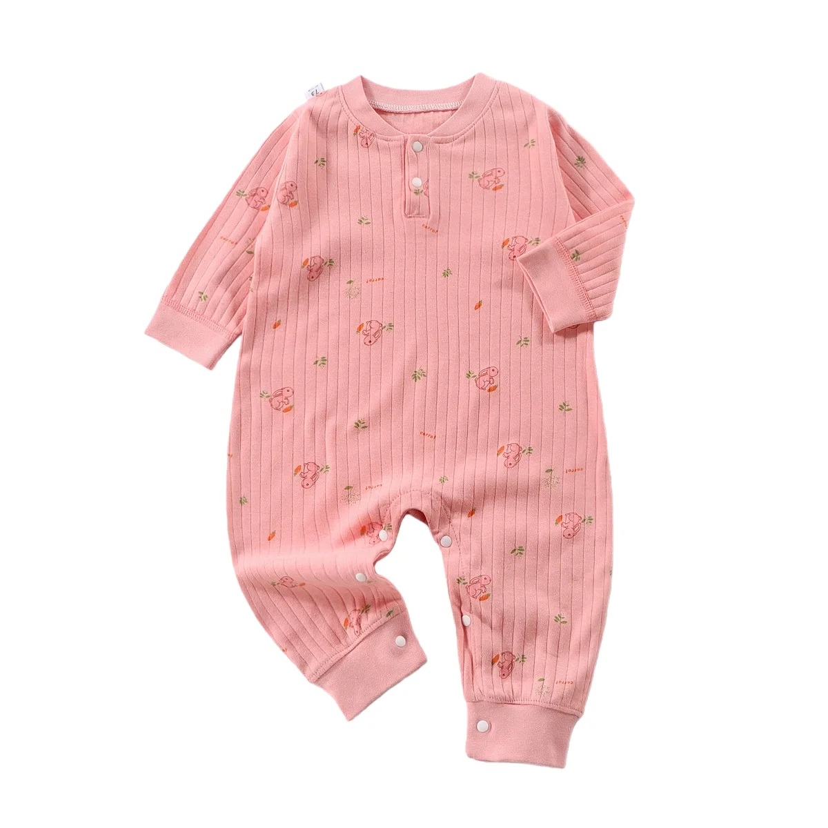 Baby Cartoon Print Long Sleeve Romper, Newborn Infant Ribbed Cotton Jumpsuit with Camping Animal Baby Onesie for Spring Autumn