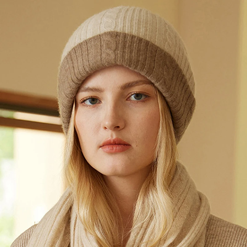 100% Pure Goat Cashmere Beanies for Women Winter Thick 2 Layer Wearable Soft Warm Twist Skullies Cap Girl Fashion Slouchy Hat 4