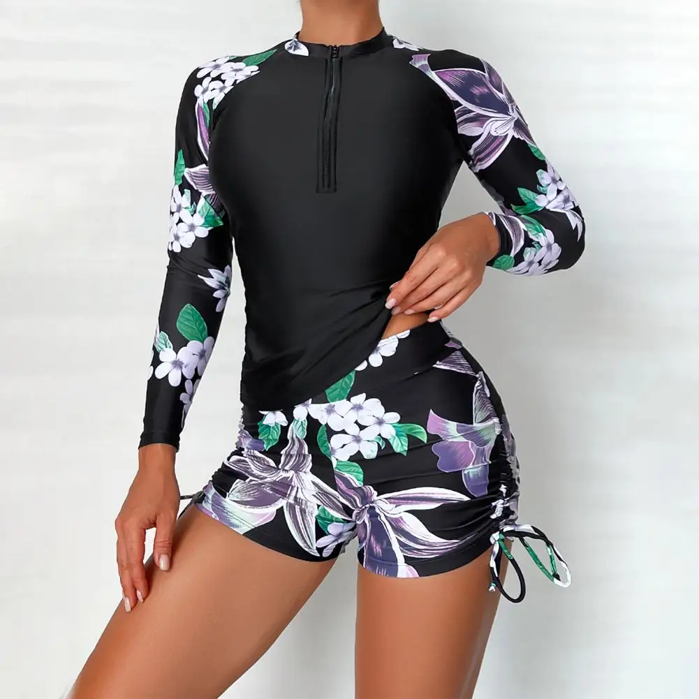 Woman Swimsuits High-waisted Long-sleeved Bikinis Set Floral Print Round Neck Women's Bathing Suit With Zipper For Surfing,bikini set,women swimwear,bikini swimsuit
