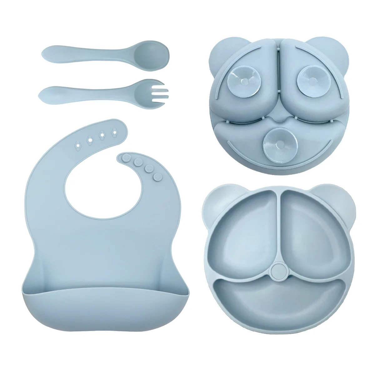 

4PCS Baby Soft Silicone Bib Dish Suction Cup Bowl Dinner Plate Fork Spoon Set Non-slip Food-grade Silicone Kids Cutlery BPA Free