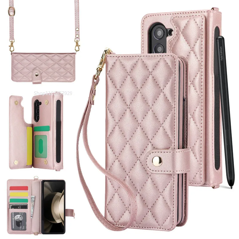 für Samsung Galaxy Z Fold 5 6 Fold 4 Z Fold 3 Hülle Luxus Kartensteckplatz Telefonhalter Leder Geldbörse Riemenabdeckung Crossbody Hüllen Etui_voghion.com