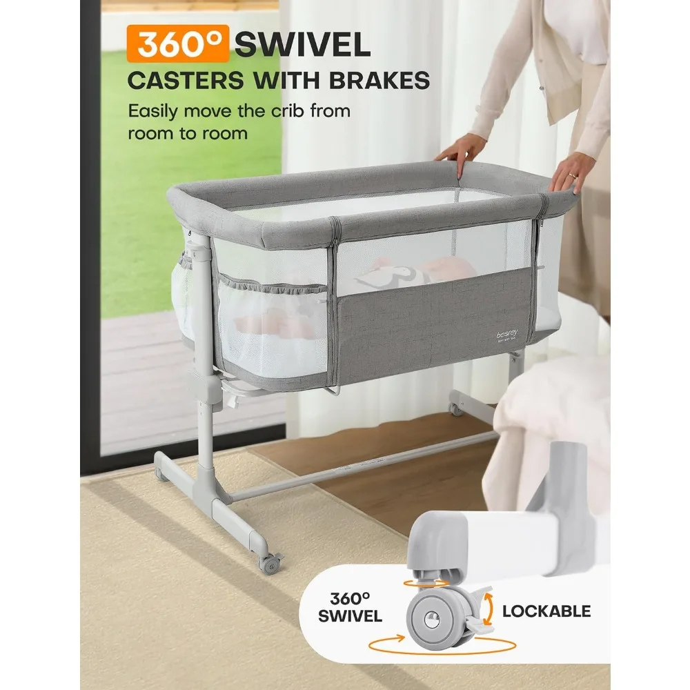 Baby Bassinet Bedside Sleeper,All Mesh Bedside Bassinet for Newborn Infant with Comfy Mattress, 7 Height Adjustable Bedside Crib 4
