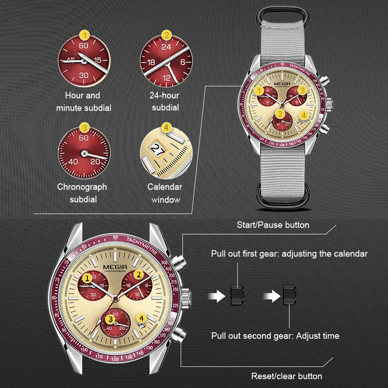 MEGIR Quartz Chronograph Watches Men Waterproof Sport Wristwatch Men's with Fashion Nylon Strap Luminous Pointers Date Male Gift - 5