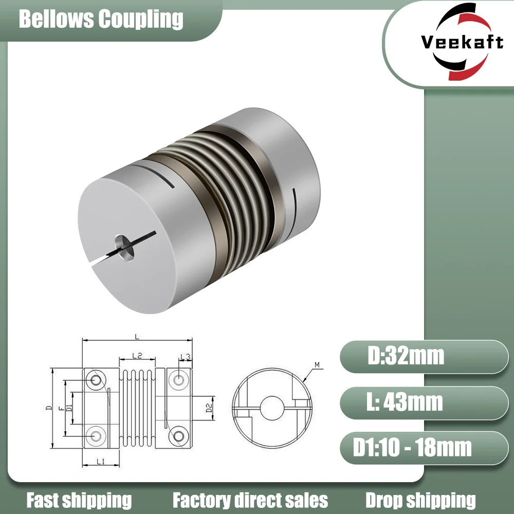 Acoplamento Ondulado D32l43 6.35 10 12 14 16 mm Cnc Liga de Alumínio para Acoplamentos de Eixo de Acoplador de Motor Deslizante Impressora 3d