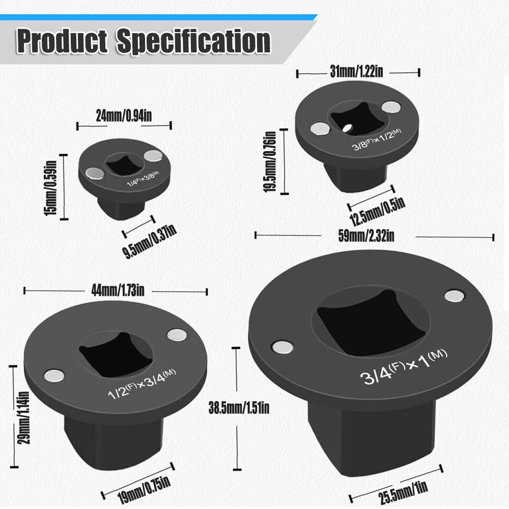 Low-Profile Impact Socket Adapter Set 3/4-1,1/2-3/4,1/2-3/8,1/4-3/8 Drive Ratchet Adapter 4 Pcs Socket Adapter Set