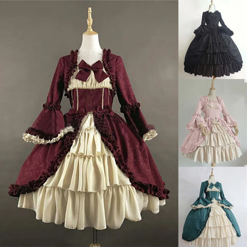 

Women Vintage Palace Lolita Dress Sweet Princess Square Collar Lace Bowknot High Waist Long Victorian Gothic Dress Girl