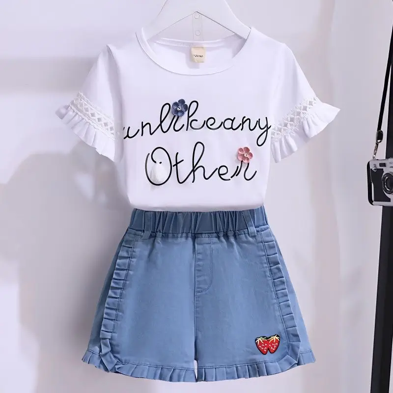 GirlsSummerClothesSuitsBabyCasualShortSleeveDenimShortsTwo