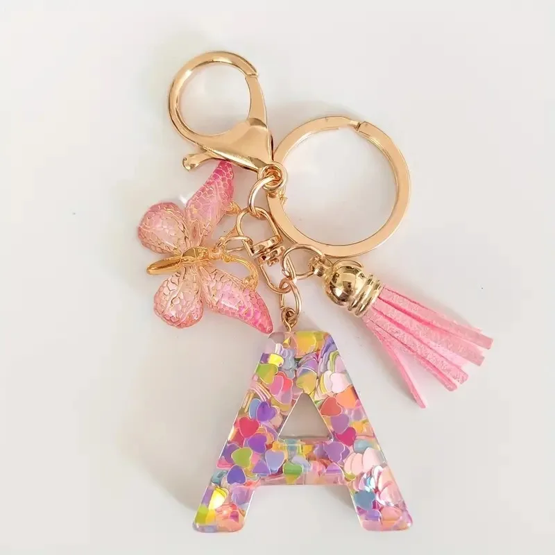 Pink Glitter Butterfly Tassel Letter Keychain