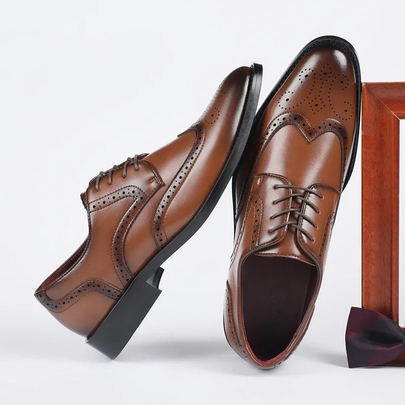 Men Height Increase Oxford Dress Shoes Genuine Cow Leather Lift Brogues Wedding Formal Elevator