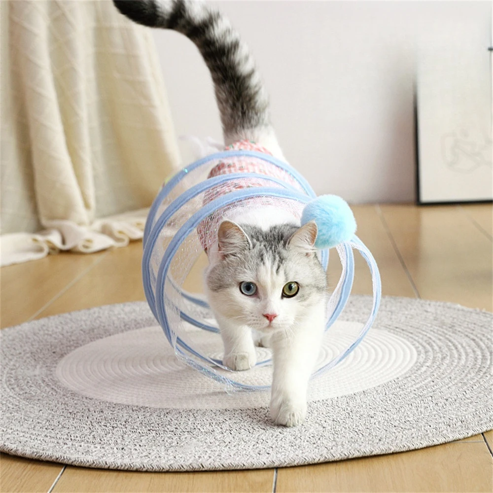 

Складной туннель для кошек, креативная комнатная игрушка типа S для домашних животных, цветной канал, спираль, перо, плюшевый мяч, колокольчик, мышь, игральные трубки для домашних животных