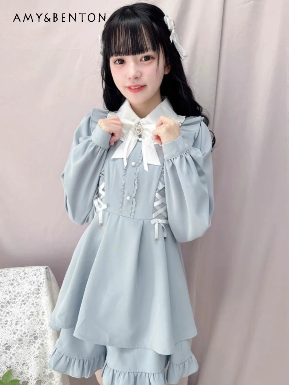 Japanese Lolita Sweet Cute Bow Doll Collar Long Sleeve Dress Wide Leg Pants Two-Piece Sets Spring Autumn Mine Mass-Produced Suit daily lolita dresses sweet gentle girl doll collar lantern sleeve short shirt slim fit midi sling dress two piece sets women