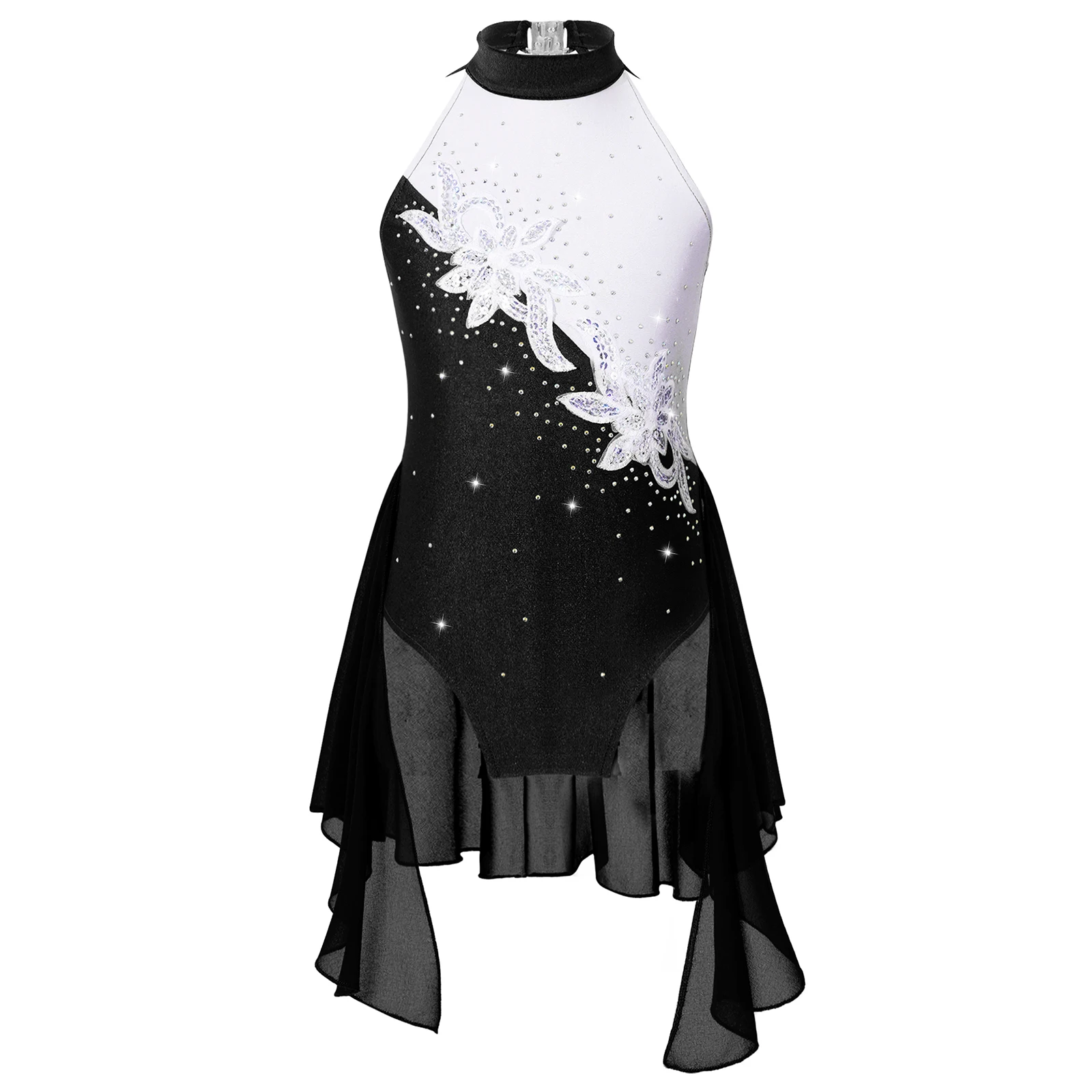 thumbnail image 1 of Vestido de malla de gimnasia para niñas, con lentejuelas brillantes, malla transparente, escote en forma de cerradura, sin mangas, para patinaje artístico, baile lírico, 1 of 5
