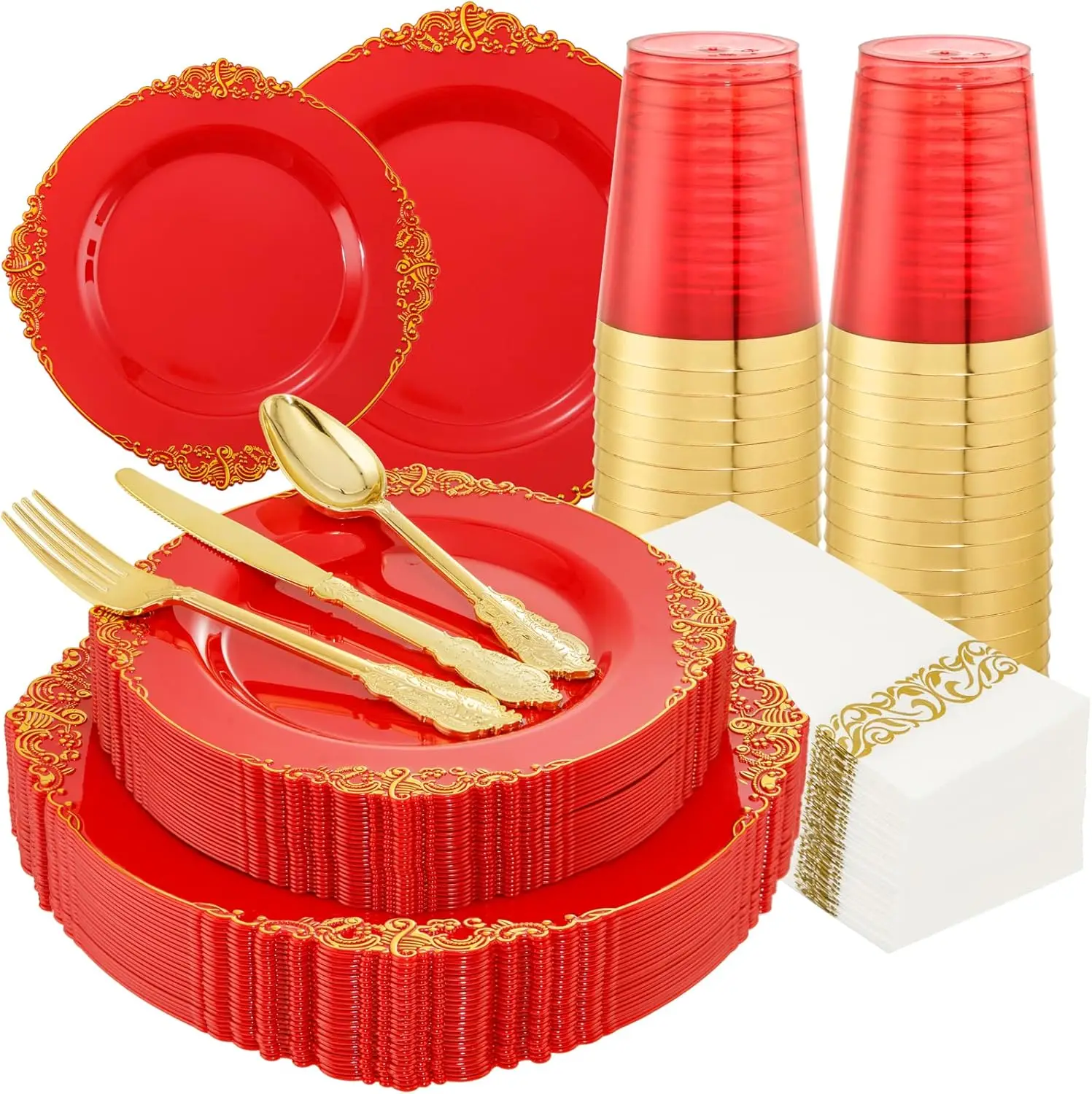 175PCS Red Plastic Plates,Red Disposable Plates With Gold Rim,Red and Gold Plastic Dinnerware Set Includes: 50 Plates NEW USA
