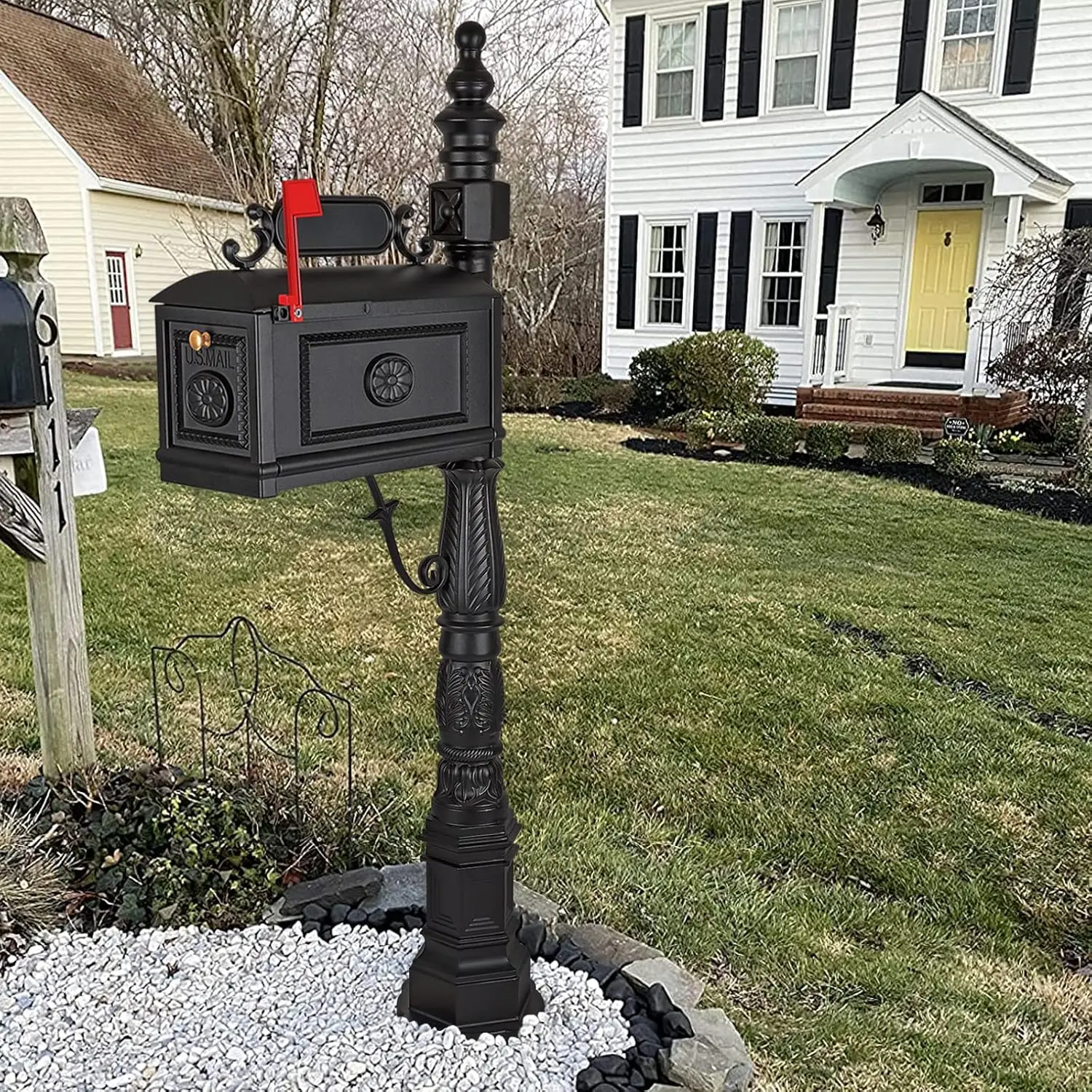 Polar Aurora Barcelona Decorative Post Mailbox Combination Stratford Heavy Duty Postal Mail Box Cast Aluminum(Black) 2