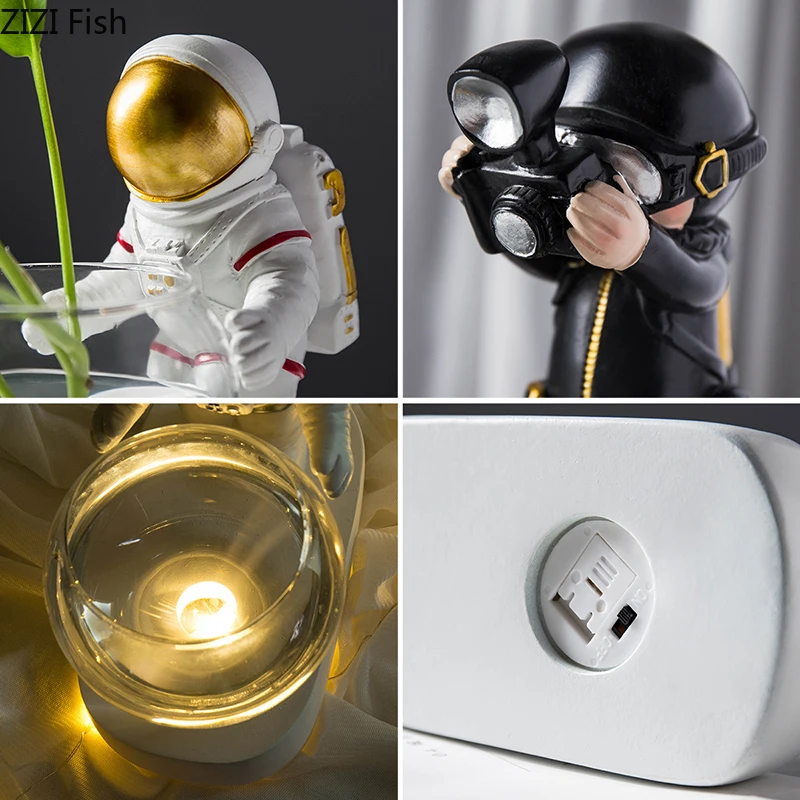 Creative Glass Vase Resin Astronaut Diver Ornaments Flower Vases Hydroponics Desktop Decor Flowers LED Light Pluggable Battery 4