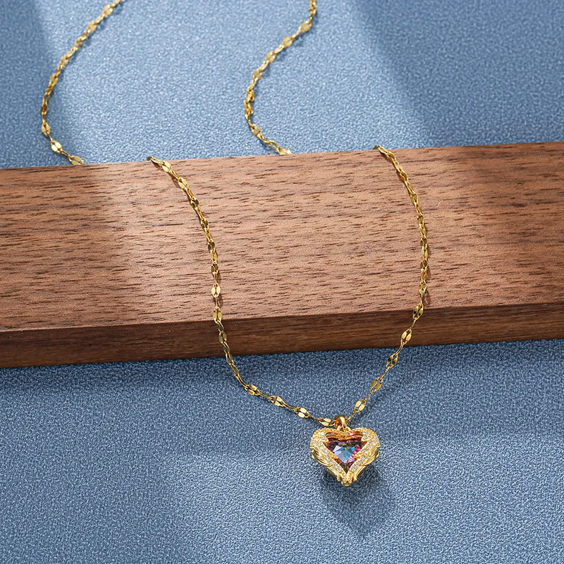 Colorful Crystal Ocean Heart Pendant Necklace Trendy Stainless Steel Jewelry...