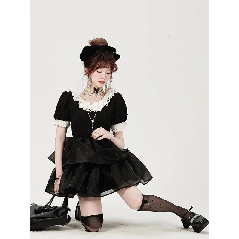 

Fairy Princess Elegant Women Dress Short Sleeve Vintage Lolita Kawaii New Korean Fashion Y2K Girls Sweet Mini Summer Dress 2022