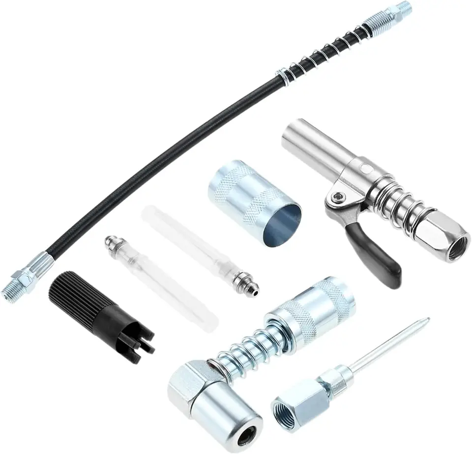 Goktvai 8-Piece Grease Gun Accessory Kit - Includes Nozzles, Needle Dispenser & Couplers For Tight Spots