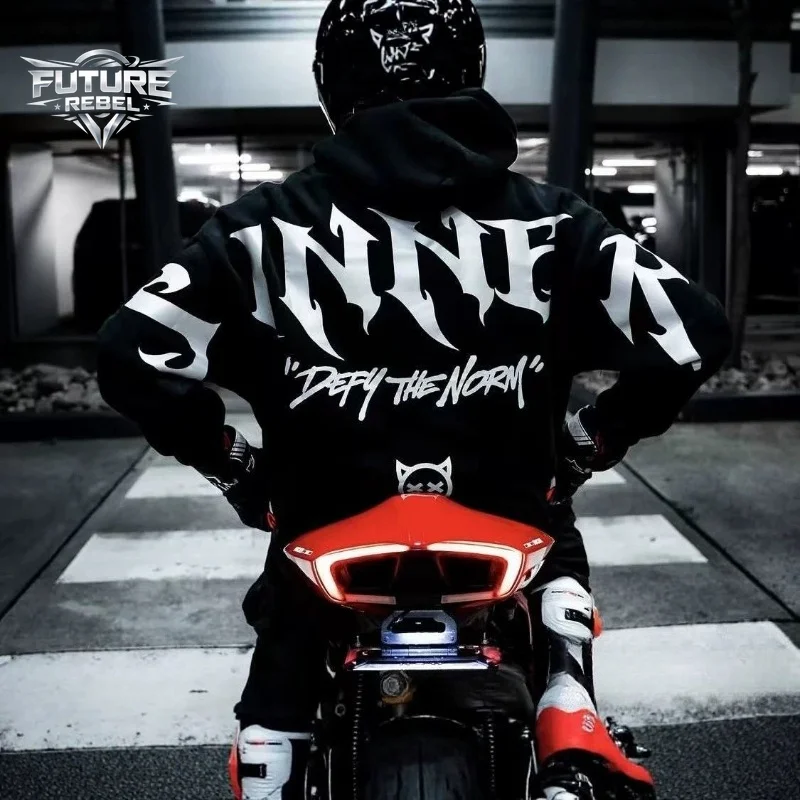 Mens Hoodie  Gothic Sinner Reflective Letter Print Sweatshirt Harajuku Unisex Loose Fit Hooded Casual Streetwear Fashion Trend - 2
