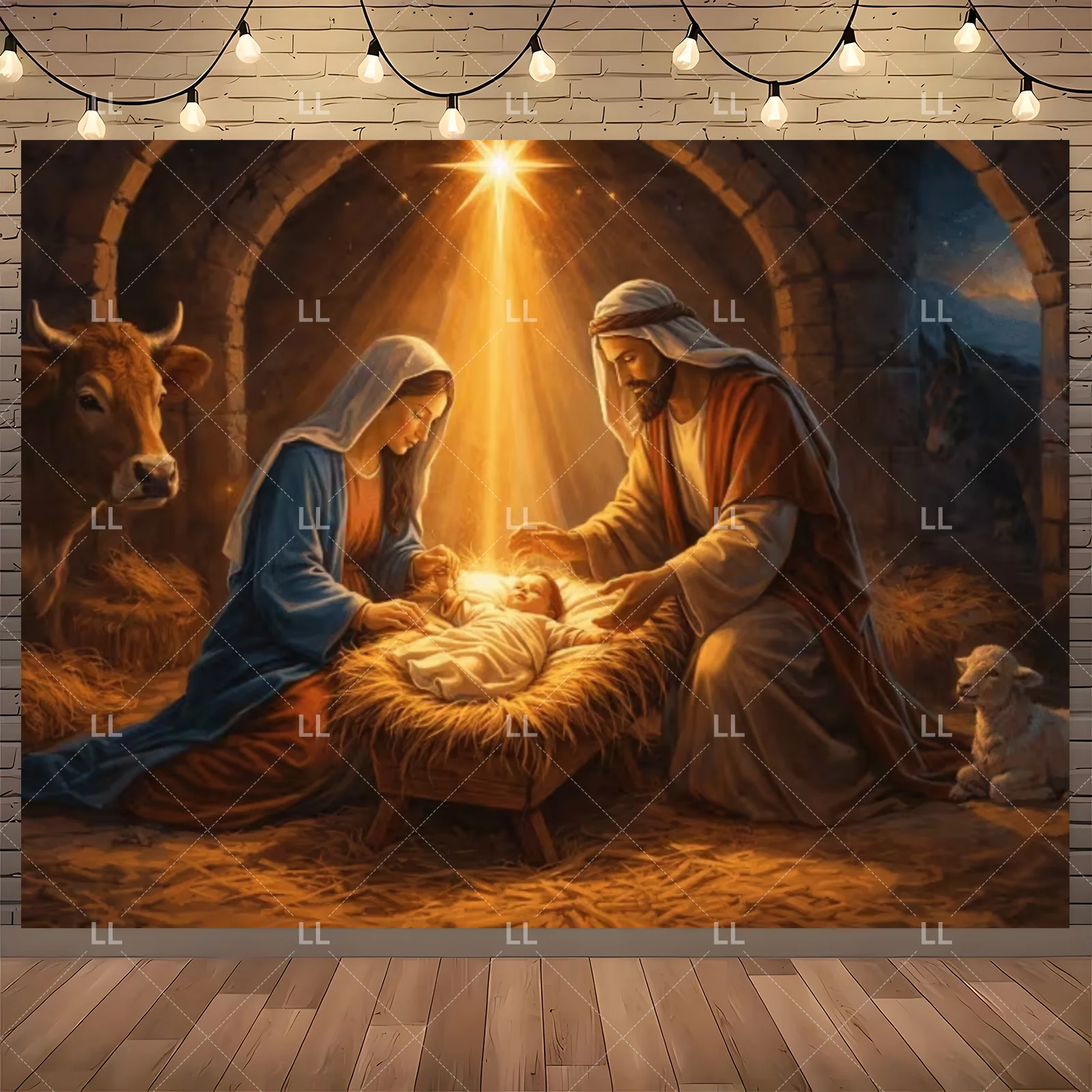Starry Night Nativity Scene Backdrop - Traditional Christmas Party Decor and Photo Prop