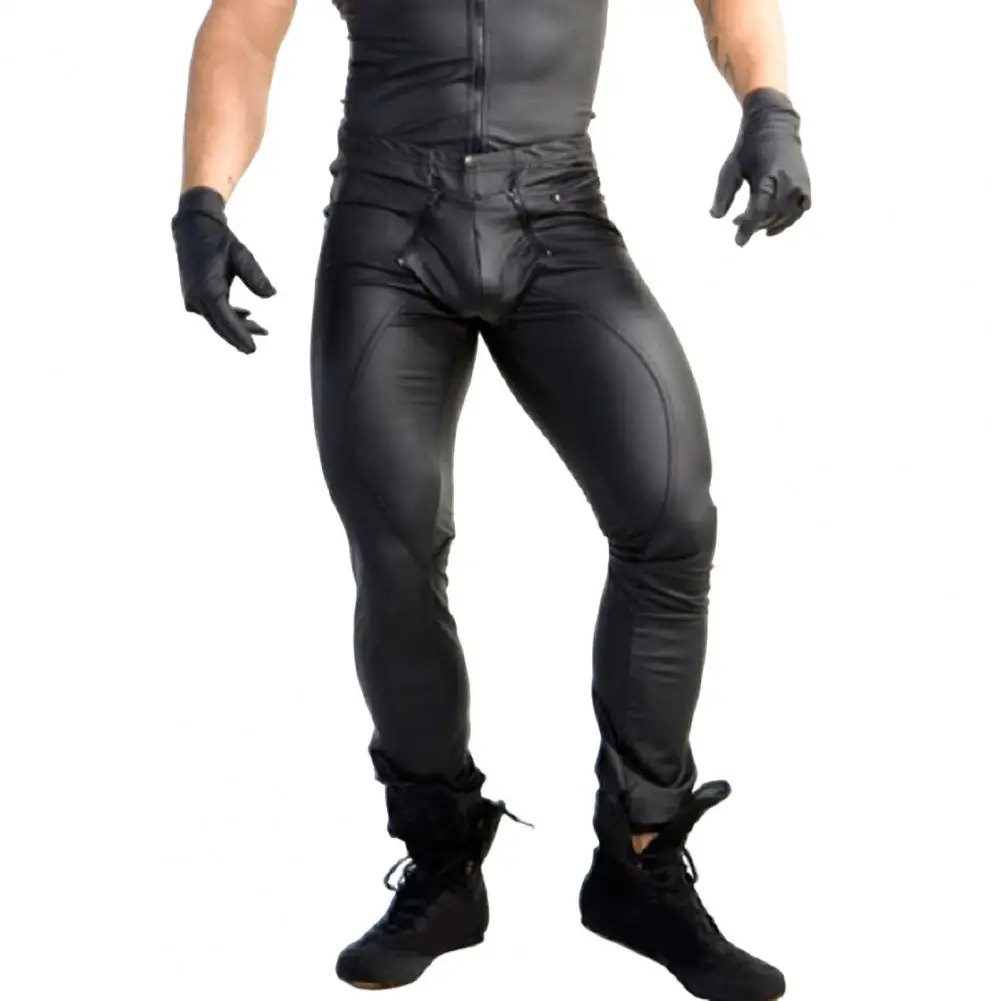 Men's Leather Trousers Mid-rise U Convex Zipper Open Crotch Men Pants Sexy Skinny PU Leather Clubwear Tights Punk Clothing