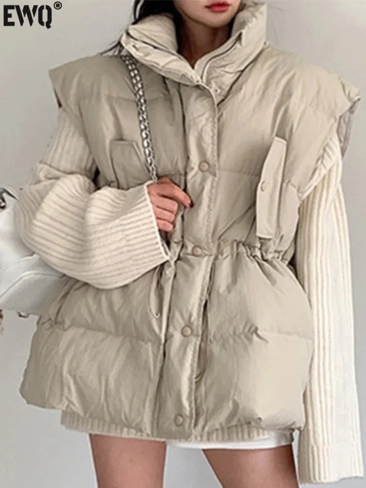 

[EWQ] Simple Stand-neck Zipper Single Breasted Pleat Quilted Waist Slim Cotton Padded Coat Vest Jackets 2023 Autumn Winter U6196