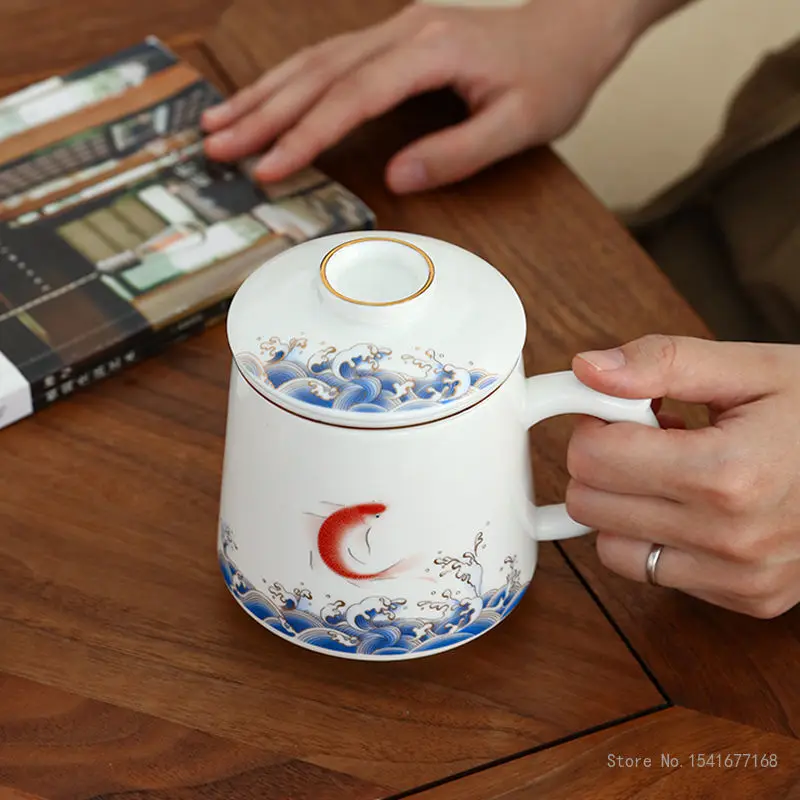 Ceramic Chinese Style Teacups, Drinkware Mugs, Belt Cover Filter Mug Tea Water Separation Cup , Coffee Cups, 500ml, 1Pc
