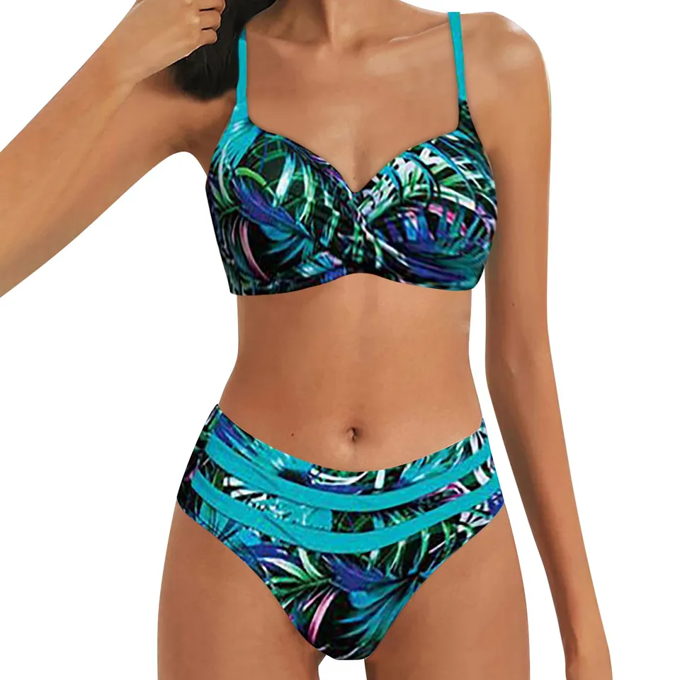 Botanical Print High Waisted Bikini Swimsuit