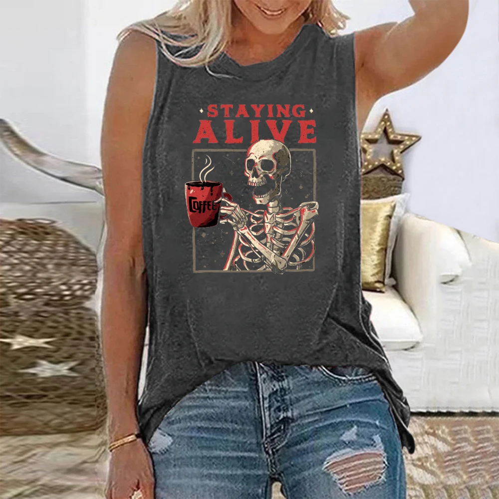 SeeyoushyFunnyWomenTShirtStayongAliyeSkullsPrintSummerSport