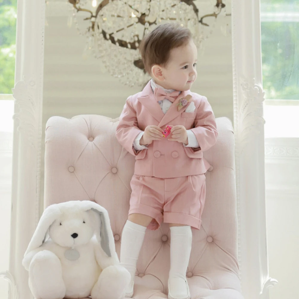 Boys Suit For Weddings Birthday Little Boy Gentleman Outfit Formal Suits Children Coat Strap Shorts Bow Tie Clothes Set