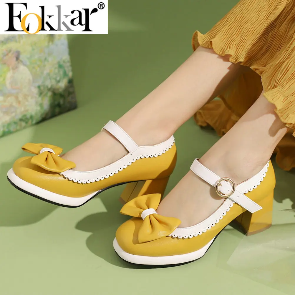 

Eokkar Bow Lolita Platform Shoes Mary Janes Block High Heel Pumps Cute Chunky Heel Sweet Shoes Woman Heels Wingtip Pumps