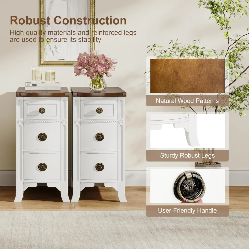 Nightstand Set of 2, 3-Drawer Narrow Side Table Slim Chair Tables for Living Room, Sofa Table with Drawers, Nightstand 4