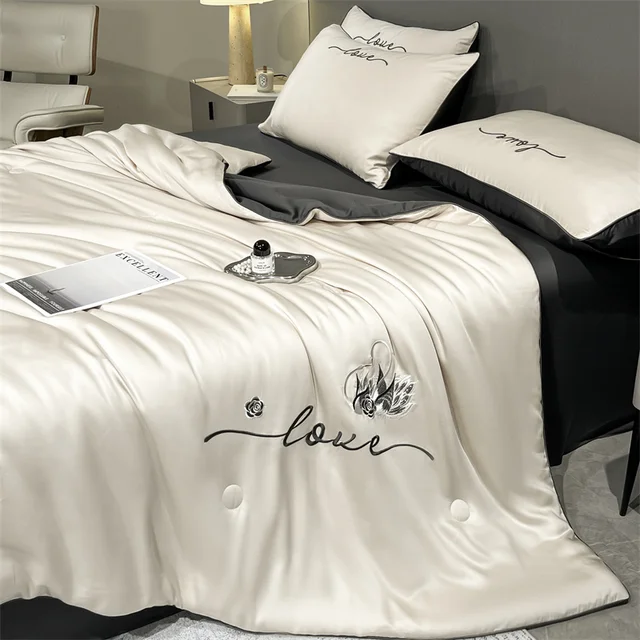 Couette brodée haut de gamme pour printemps et été, ensemble de 3 ou 1 pièce, couverture d'été de luxe, respectueuse de la peau, couette légère, Queen King 2