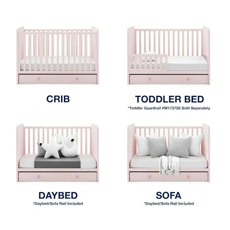 4-in-1 Convertible Crib with Storage Drawer - Greenguard Gold Certified, Blush Pink/Dark Pink 3