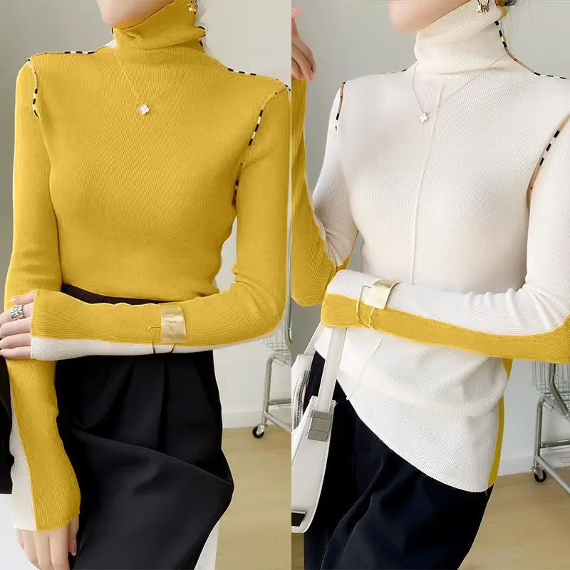 

Women's Spring Autumn Turtleneck Screw Thread Pullover Bright Line Decoration Solid Long Sleeve Sweater Knitted Fashion Tops