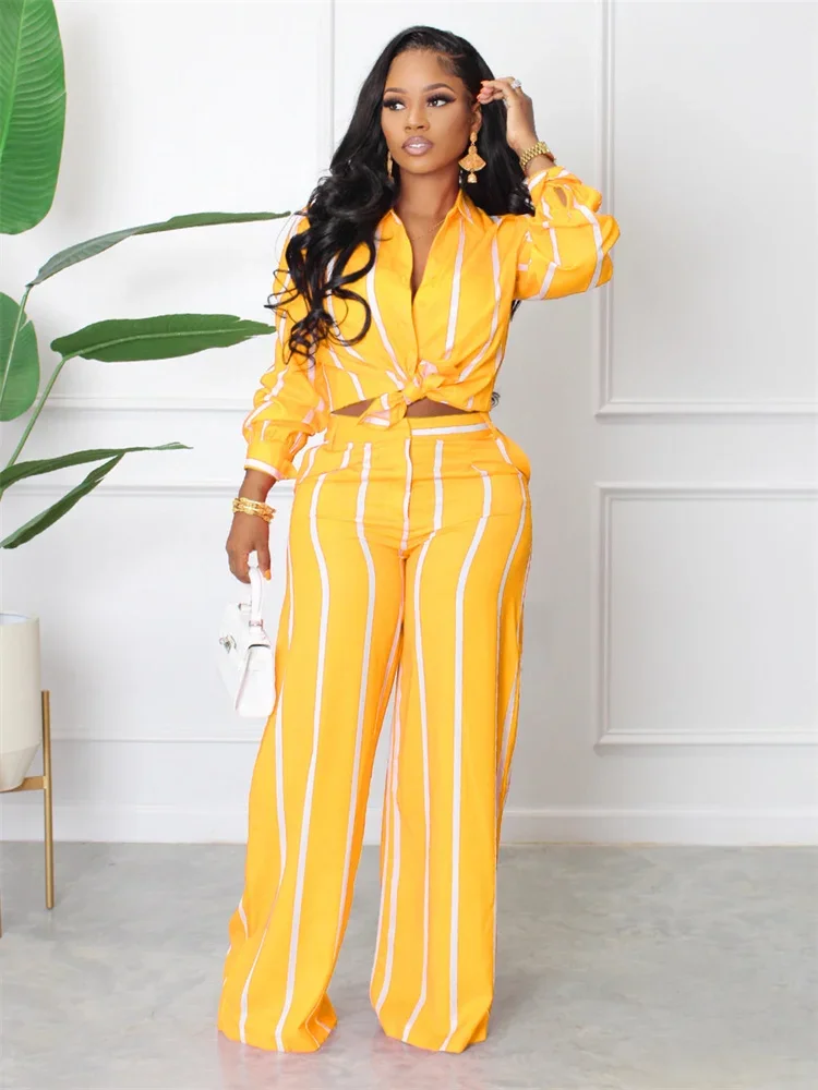 Wmstar Elegant Fashoin Striped Two Piece Set for Women Long Sleeve Shirt Top + Wide Leg Pants Suits Office Matching Sets Outfits