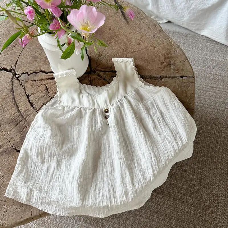 

2024 Summer New Children Sleeveless Shirts Cotton Girls Thin Solid Vest Toddler Loose Tops Kids Casual Breathable Clothes
