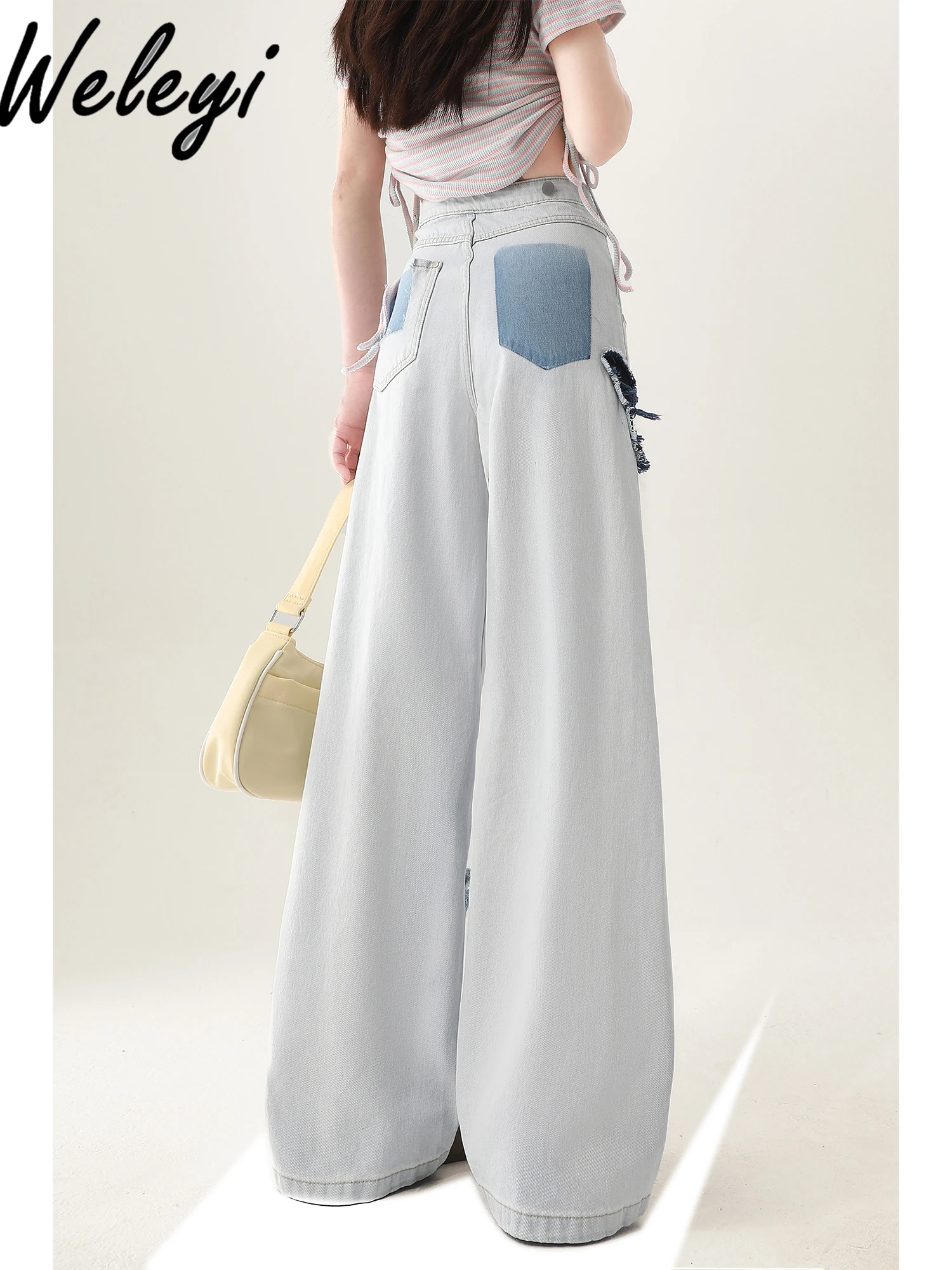 Sweet Versatile Jeans 2024 Women Spring and Autumn Cute New Light Butterfly Edge High Waist Wide Straight Leg Fashion Long Pants