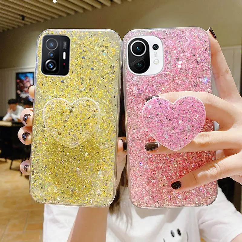 

Mi11lite Love Heart Glitter Holder Silicone Case On For Xiaomi Mi 11 Lite 5g Ne 11lite 11t Pro Clear Stand Cover Mi11t Xiaomi11