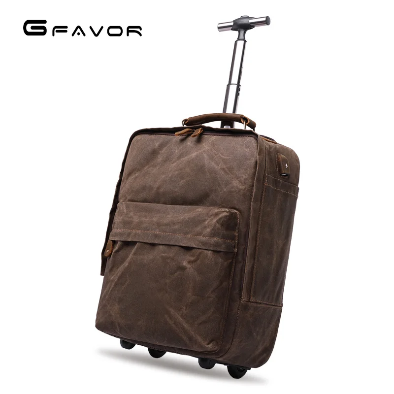 

High quality waxed weekender leather luggage trolly travel canvas duffle trolley bag for travelling