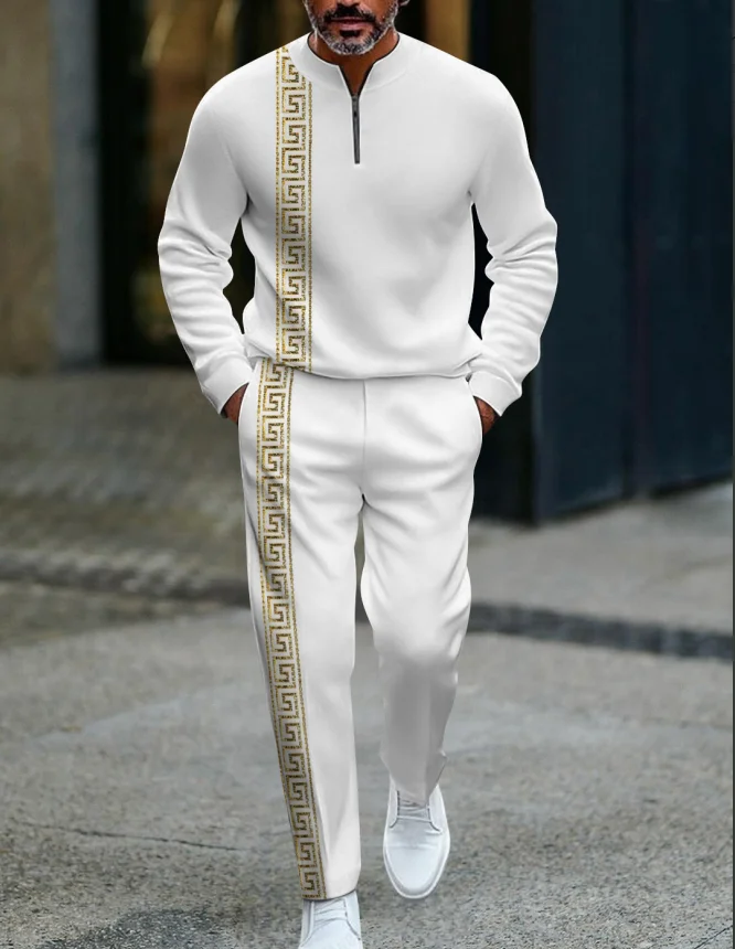 2025 New 3D Printed Half Zipper Men Long Sleeve Long Pants Set Zipper Closure Comfortable Fit Fashion Casual Outfit