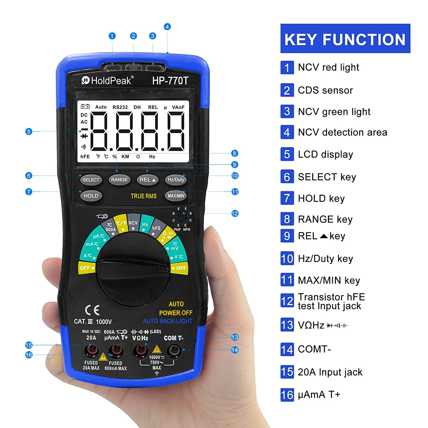 

HoldPeak HP-770T Digital Multimeter 6000 Counts TRMS DMM CATIII 1000V, Auto Ranging, Data Hold, NCV, AC/DC Amp Ohm Volt Meter